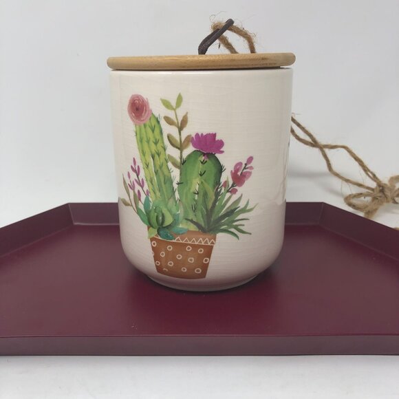 Cactus Ceramic Jar Bamboo Lid Rope Handle Planter Decor Boho Nature Plant Baby - Picture 2 of 6